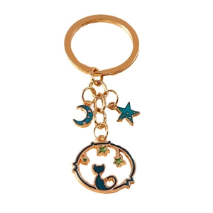 Cute gold cat and moon keychain with star charms and colorful enamel details