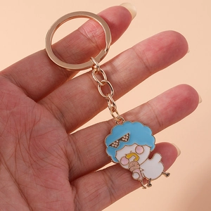 Cartoon enamel duck keychain with blue hair and heart sunglasses in rose gold