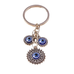 Vintage hip hop Evil Eye keychain with blue resin charms and silver metal ring for bags