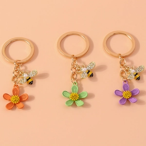 Cute Cartoon Bee Flower Keychain Alloy Rhinestone Artificial Pearl Bag Charm For Women Girls Backpack Decoration Gift