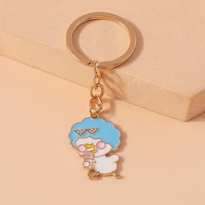 Detailed close-up of a cartoon duck keychain with blue hair on a pastel pink podium
