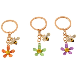 Cartoon bee flower keychain set with rose gold metal rings and rhinestone pearls