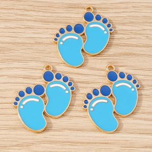Blue enamel baby footprint pendants with gold metal edges for DIY jewelry making