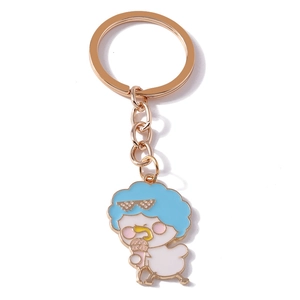 Cartoon duck keychain with blue hair and pixel sunglasses on a rose gold keyring