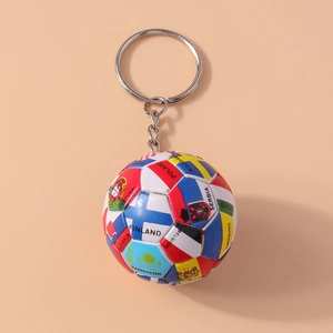 Detail of soccer ball keychain featuring various national flags and metal ring