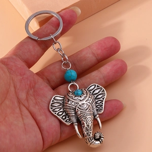 Vintage Bohemian Elephant Keychain With Turquoise Beads Zinc Alloy Ethnic Style Animal Bag Pendant Accessory Gift