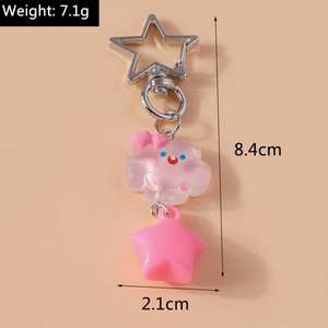 Porte-clés étoile et nuage rose avec cœur et fermoir étoile argenté, longueur 8,4cm