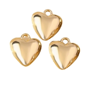 Three polished gold 3D heart-shaped pendants with rings for DIY jewelry making