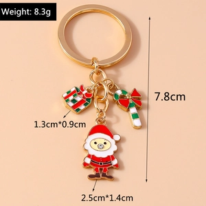 Detailed view of Christmas keychain with Santa, gift box charms and size dimensions