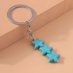 Ethnic star keychain with three tiered blue turquoise stones for bags and phones