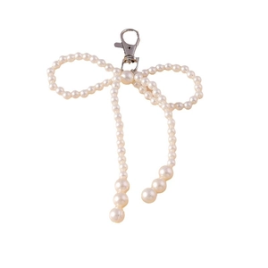 Elegant pearl bow keychain with silver lobster clasp for bag decoration and accessories