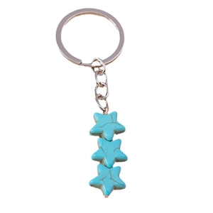 Bohemian turquoise star keychain with three blue charms and silver-tone metal ring