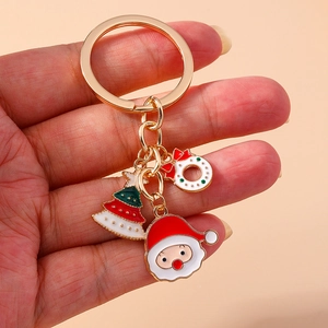 Christmas Santa Claus and tree keychain set with gold plating and colorful enamel charms
