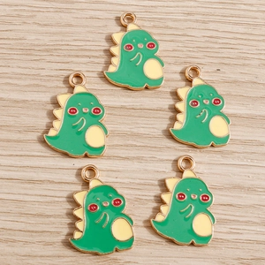 5pcs set of cute green dinosaur enamel charms with gold alloy frame for DIY jewelry