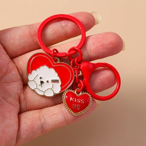 Cute Red Heart Keychain With White Bichon Frise Dog Pendant KISS ME Lettering Enamel Alloy Key Ring For Women Bag Charm Gift