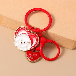 Minimalist red heart keychain with white dog pendant and KISS ME engraving on ring