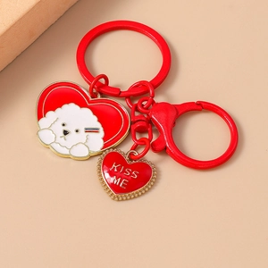 Cute white puppy and red heart keychain with gold Kiss Me text and lobster clasp