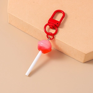 Creative lollipop keychain with pink gradient pendant and red metal D-ring clasp