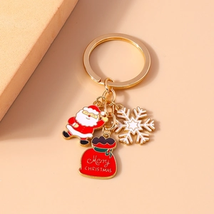 Detailed macro view of Christmas keychain with Santa Claus and red lucky bag charms