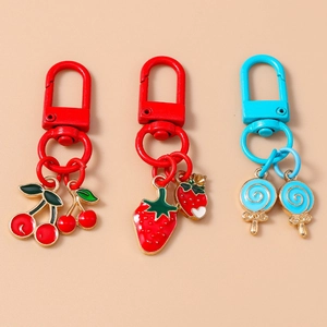 Simulation Fruit Candy Keychain Cute Strawberry Cherry Lollipop Bag Charm Zinc Alloy Enamel Keyring Gift For Women Girls Kids