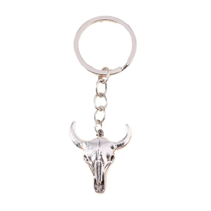 Vintage silver bull skull keychain with metal key ring for backpack accessory