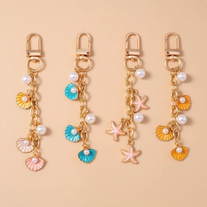 Cartoon Marine Starfish Shell Keychain With Faux Artificial Pearl Gold Alloy Enamel Pendant Cute Sea Animal Bag Charm For Women Girls