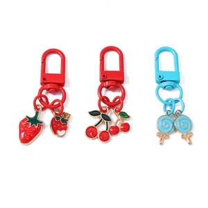 Colorful enamel strawberry cherry and lollipop metal keychains set with gold plating