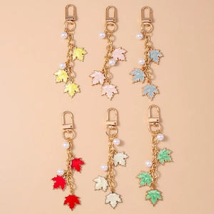 Creative maple leaf keychain set with pearls and swivel clasp in six vibrant colors