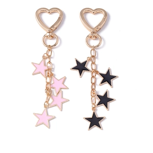 Pentagram star keychain with pink and black enamel charms and golden heart clasps