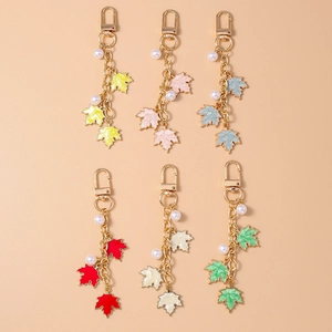 Maple Leaf Artificial Pearl Keychain Alloy Enamel Leaf Bag Pendant For Women Handbag Decoration Elegant Nature Key Ring Gift