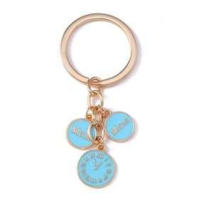 Porte-clés horloge Mom avec pendentifs ronds en émail bleu et finition dorée