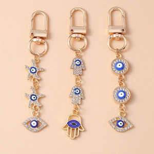 Fashion Gold Plated Zinc Alloy Evil Eye Keychain With Starfish Hamsa Hand Rhinestone Enamel Bag Pendant For Women Jewelry