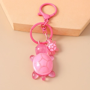 Pink resin mother and baby turtle keychain set with glitter shell and metal clip
