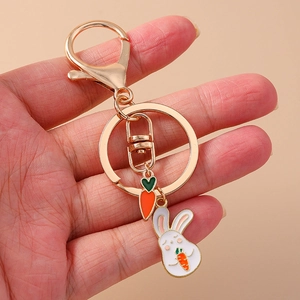 Creative gold cartoon rabbit and carrot keychain with spring clip and ring holder