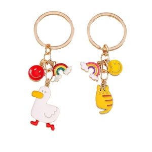 Cartoon rainbow duck and cat keychains with gold metal rings for backpacks and keys