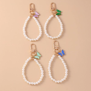 Elegante Portachiavi di Künstliche Perle Perline Donna Lega Smalto Farfalla Ciondolo Anello Chiave Borsa Accessorio Regalo