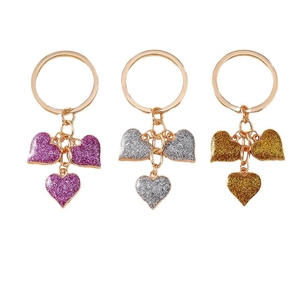 Sparkly glitter heart keychain set in purple silver and gold colors with metal ring