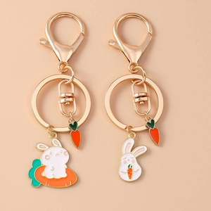 Cute Cartoon Rabbit Carrot Zinc Alloy Keychain Drip Oil Animal Pendant Metal Key Ring For Women Kids Daily Accessories Gift