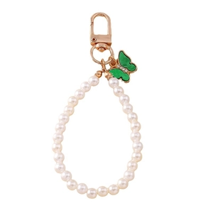 Portachiavi con perle alla moda con ciondolo a farfalla verde e moschettone dorato