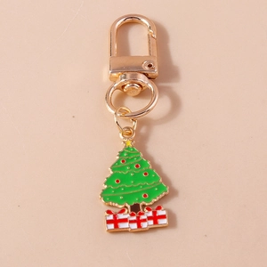 Cute green Christmas tree keychain with colorful gift box charms and gold lobster clasp