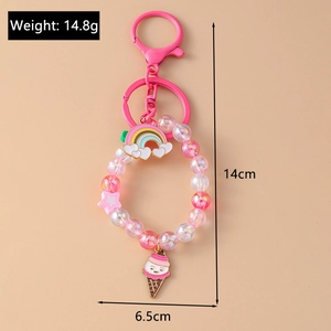 Roze kralen sleutelhanger met ijsje en regenboog, gewicht 14,8g en lengte van 14cm lang
