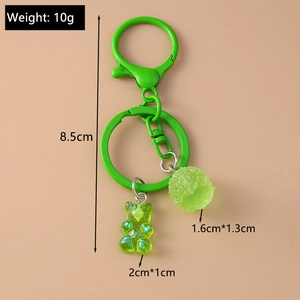 Detailed dimensions of the green sugar bear keychain with clip and resin charm