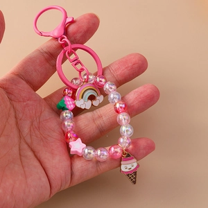 Zoete roze kralen sleutelhanger met regenboog en cartoon ijs charms voor tassen