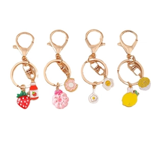Cartoon drink and food keychain set with strawberry and donut charms on gold alloy hooks