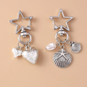 Vintage Alloy Star Clasp Keychain With Imitation Artificial Pearl Shell Starfish Heart Charms Fashion Bag Hanging Ornament For Women