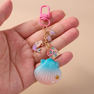 Fashionable mermaid and shell keychain with pink metal hook and gradient resin charms