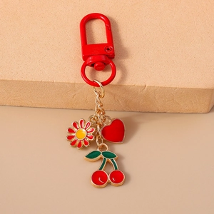 Fashionable cherry daisy and heart keychain charm with polished metal lobster clasp