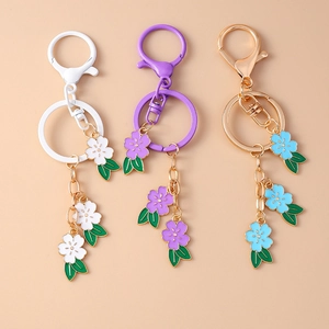 Fashion Zinc Alloy Enamel Cherry Blossom Keychain For Women Sweet Floral Bag Pendant Flower Leaf Key Ring Jewelry Gift