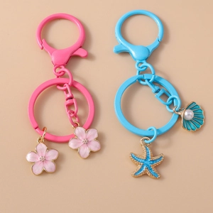 Cute Metal Enamel Cherry Blossom Shell Starfish Keychain With Artificial Pearl Decorative Bag Pendant Keyring Jewelry For Women