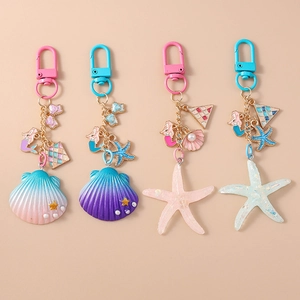 Dreamy Mermaid Shell Starfish Keychain Resin Alloy Faux Artificial Pearl Gradient Glitter Ocean Style Backpack Bag Charm For Women Girls Gift